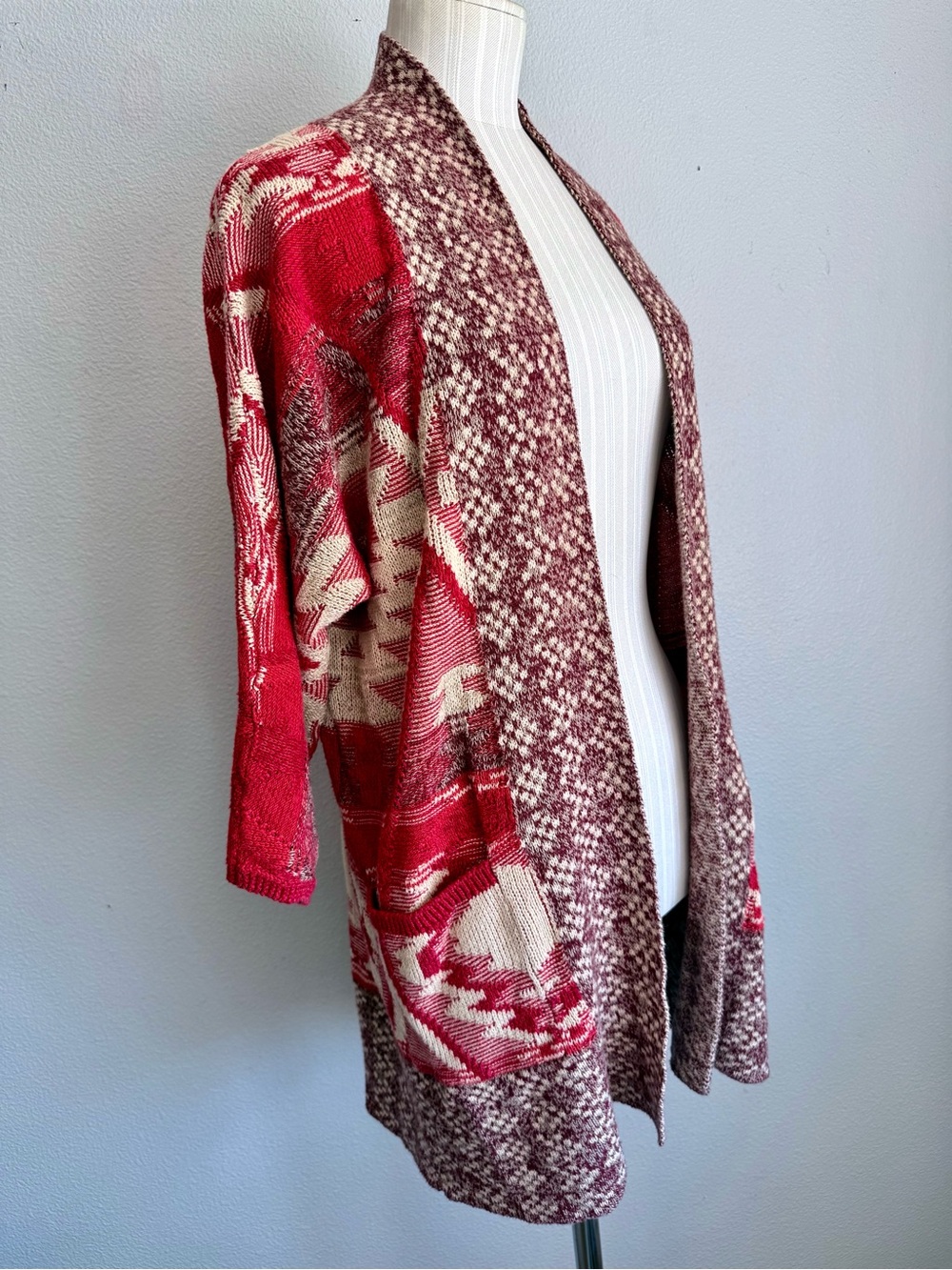Lucky Brand Sedona Southwestern Open Front Cardigan Knit Sweater Red Beige XS/S